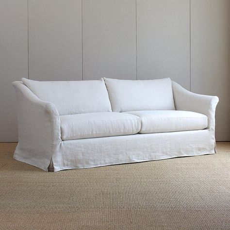 1920s Bungalow Living Room, Bungalow Classic, White Slipcover Sofa, White Linen Sofa, White Sofa Living Room, Minimal Chairs, Farmhouse Sofa, Velvet Lounge Chair, Slip Covers Couch