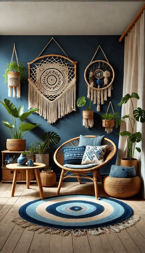 15 Blue Boho Living Rooms Boho Living Room Blue Walls, Dark Blue Boho Living Room, Blue And Yellow Boho Living Room, Blue Boho Home Decor, Blue Wood Living Room, Navy Boho Living Room, Blue Boho Room, Boho Blue Bedroom, Blue And Tan Living Room