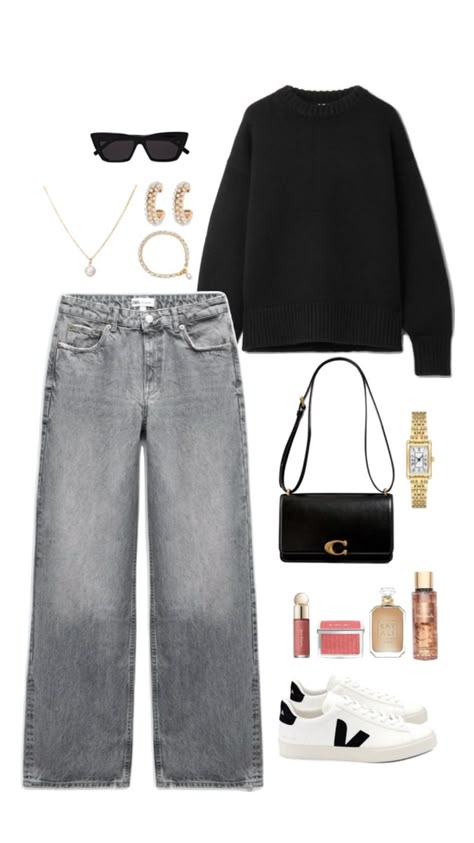 Spring outfit idea, fashion inspiration, inspo, grey wide leg jeans, veja shoes, black sweater, accessories, sunglasses, coach purse, golden pearls jewells. #ad #sponsored Jeans - https://amzn.to/49W36fv Pullover - https://amzn.to/3Whvwgz Shoes - https://amzn.to/3xVqFrq Bag - https://amzn.to/3Wk82Yw Sunglasses - https://amzn.to/4b8pcgl Accessories - https://amzn.to/3Wh7v9q https://amzn.to/3xVuCMS https://amzn.to/4da8oqB https://amzn.to/3WkIYAq https://amzn.to/4bhPcWd https://amzn.to/4dhDAE9 Outfit With Black Wide Leg Jeans, Grey Wide Jeans Outfit, Women Wide Leg Jeans Outfit, Wide Straight Leg Jeans Outfits, Wide Leg Grey Jeans Outfit, Black Grey Jeans Outfit, Casual Outfits Black Jeans, Grey Wide Leg Jeans Outfit, How To Style Grey Jeans