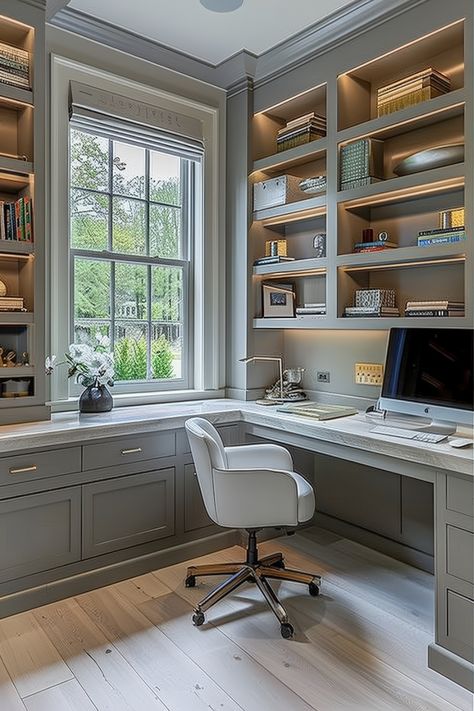 A classic home office with built-in shelving, a stylish desk, and a comfortable chair, overlooking a garden view with natural light. Smart Home Office Design, Professional Home Office Design, Small Office With Window, Office With Window Seat, Home Office With Window, Classic Study Room, Home Office Cabinetry, Modern Classic Office, Technology Room