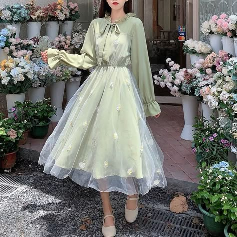 Dresses Kawaii, Harajuku Street, Girls Maxi Dresses, Shirt Dress Summer, Fairy Clothes, Office Dresses For Women, Kawaii Harajuku, Looks Party, Green Dresses