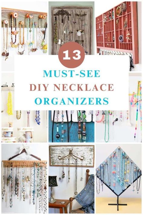 diy necklace organizers Diy Necklace Stand, Necklace Organizer Diy, Diy Necklace Holder, Diy Necklace Display, Jewelry Organizer Diy Wall, Creative Necklace, Upcycled Projects, Jewelry Organizer Wall, Diy Jewelry Display