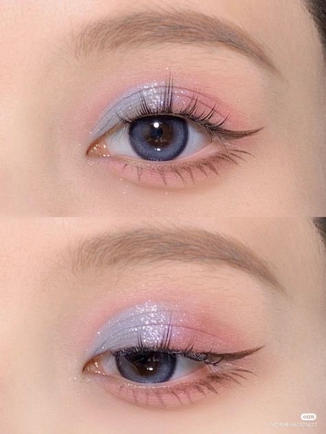 Pink And Blue Douyin Makeup, Colorful Natural Makeup, Pink And Blue Eye Makeup, Pink And Blue Makeup, Pastel Makeup Looks, Soft Pink Makeup, Uni Makeup, Eyeshadow Makeup Tutorial, Soft Makeup Look