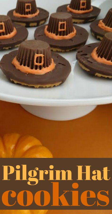 This is a fun Thanksgiving dessert that the kids will love helping you with, plus it's a fun way to encorporate learning into your Thanksgiving meal! These little pilgrim hats are made from Mini Reese's peanut butter cups and cookies. Super cute and fun to eat! A fun treat or snack for daycare or classroom parties or feasts as well! Pilgrim Hat Cookies, Cookies For Thanksgiving, Easy Microwave Fudge, Pilgrim Hats, Fudge Stripe Cookies, Fun Thanksgiving Desserts, Pumpkin Sheet Cake, Microwave Fudge, Reese's Peanut Butter Cups