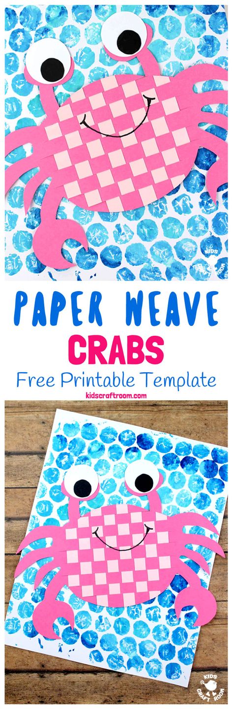 PAPER WEAVING CRAB CRAFT - Do your kids enjoy visiting the beach? We do and searching for crabs is one of our all time favourite things to do when we get there! Whether your kids are lucky enough to meet a crab in the flesh or whether they just enjoy reading about them this Paper Weaving Crab Craft is a must for Summer! (Free Printable Template) #summercrafts #crabs #papercrafts #paperweaving #weaving  #kidscrafts #craftsforkids #crab #preschool #kidscraftroom via @KidsCraftRoom Crab Art For Preschool, Crab Activity Preschool, Crab Arts And Crafts, Build A Crab Printable, Crab Art And Craft, Crab Craft, Crab Crafts, Weaving Craft, Kids Craft Room