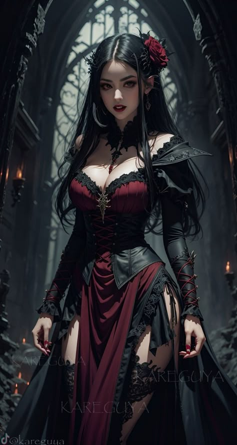 Vampire Dragon Art, Vampire Queen Outfit, Female Assassin Anime, Female Vampire Anime, Female Vampire Outfit, Vampire Art Female Gothic, Female Necromancer Art, Vampire Anime Female, Vampire Outfit Female