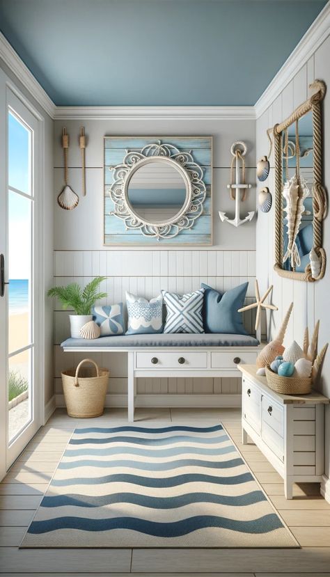 21 Stunning Beach Decor Ideas to Transform Your Home 🌊🏠 Beach House Entryway, Modern Coastal Living Room, Nautical Decorations, White Wicker Furniture, Rope Mirror, Beach House Living Room, Beach House Interior Design, White Bed Frame, Outdoor Bath