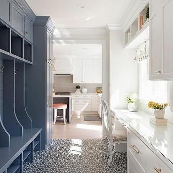 Yellow Lanterns Over Mudroom Island - Transitional - Basement Transitional Basement, White Wood Desk, Transitional Laundry Room, Built In Lockers, Mudroom Lockers, Mudroom Laundry Room, White Shaker Cabinets, Mudroom Design, Shaker Cabinets