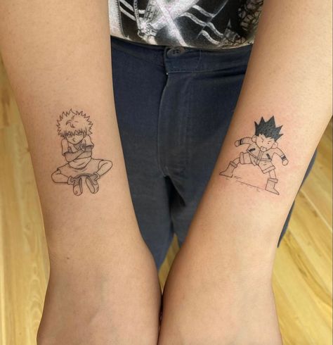 Hxh Killua Tattoo, Matching Hunter X Hunter Tattoos, Subtle Hxh Tattoos, One Piece Matching Tattoos, Gon And Killua Matching Tattoos, H X H Tattoo, Hxh Matching Tattoos, Anime Sibling Tattoos, Matching One Piece Tattoos