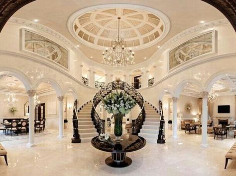 Wow  what an entrance - Double Staircase combines onto the 2nd floor - plus check out that ceiling design too #sosophisticated...x Double Staircase, Marble Floors, Urdu News, News Paper, Pakistan News, Eco House, Grand Staircase, House Goals, Staircase Design