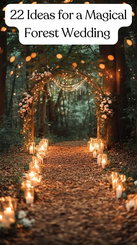 A forest wedding ceremony decor with a candle-lit path, fairy lights, and small flowers. Forrest Weddings Fairy, Small Intimate Forest Wedding, Witchy Woods Wedding, Candle For Wedding Ceremony, Wedding Decorations Nature, Simple Wedding In The Woods, Forest Vibe Wedding, Whimsical Forest Wedding Theme, Enchanted Forest Color Scheme