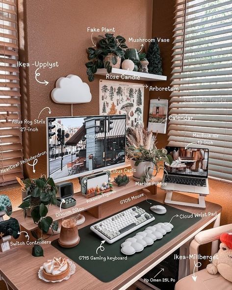 Simple Gaming Setup Aesthetic, Boho Gaming Setup, Cubicle Inspiration, Work Nook, Dreamy Interior, Streaming Room, Wfh Office, Gamer Aesthetic, Desk Aesthetic