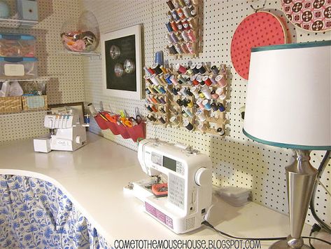 The Basement Craft Room:  Under $300 Basement Hobby Room, Basement Craft Room, Unfinished Basement Decorating, Sublimation Station, Basement Art, Peg Board Walls, Basement Craft Rooms, Sewing Nook, Quilt Room