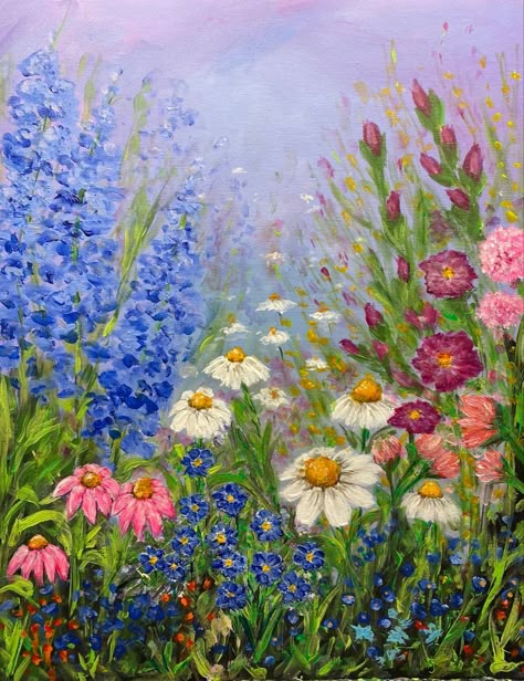 Spring Floral Painting, Pretty Flowers Painting, Spring Inspired Paintings, Simple Garden Painting, Spring Paintings Acrylic, Garden Painting Easy, Spring Canvas Painting, Spring Painting Ideas On Canvas, Spring Acrylic Paintings