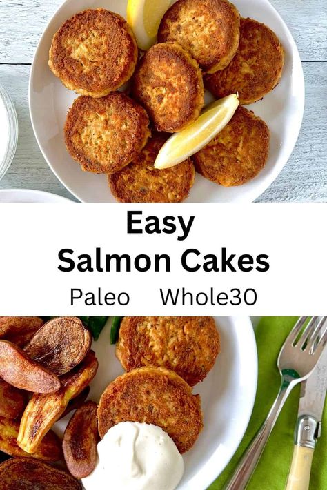 This easy Gluten-Free Salmon Cakes recipe is a fast, healthy dinner! Making salmon cakes with canned salmon means this recipe is simple and affordable. With only a few other ingredients, you'll have tender, flavorful salmon patties in less than 30 minutes. And don't forget the lemon aioli on the side! Plus they're low carb, Paleo and Whole30 friendly. Whole 30 Salmon, Salmon Cakes With Canned Salmon, Paleo Yogurt, Whole30 Salmon, Easy Salmon Cakes, Canned Salmon Patties, Paleo Seafood, Paleo Salmon Cakes, Gluten Free Salmon