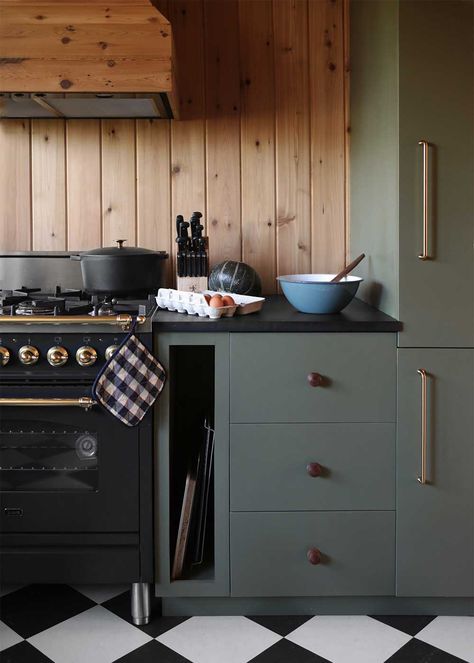 Cabin Kitchen - The Faux Martha Green Cabin, Cedar Walls, Cabin Aesthetic, Cabin Kitchen, Counter Seating, Cabin Interiors, Cabin Kitchens, A Frame Cabin, Modern Cabin