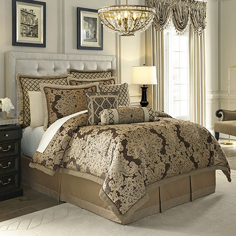 Sorina by Croscill Home Fashions is a magnificent medallion design in a rich neutral presentation. Sorina features beautiful decorative trims and wonderfully complimentary fabrics. The Sorina collection is available in bedding sets in sizes Queen through California King. The bedding sets include comforter, pillow shams, and tailored bedskirt. Introduce the euro shams which are shown against the headboard, and the decorative cushions to complete the bed beautifully. The coordinated drapery pan... Croscill Bedding, Bedroom Chic, Bedroom Set Designs, Beige Bed Linen, Bedroom Bedding, King Bedroom Sets, King Comforter Sets, King Bedroom, Luxury Bedroom