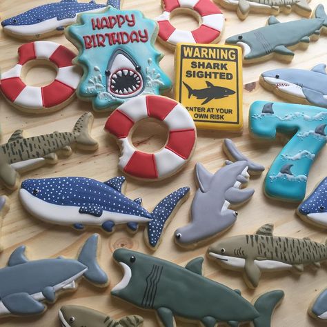 Shark Week Cookies Decorated, Shark Sugar Cookies, Shark Birthday Cookies, Shark Cookies Decorated, Pirate Cookies, Shark Cookies, Shark Themed Birthday Party, Cookies Theme, Ocean Birthday