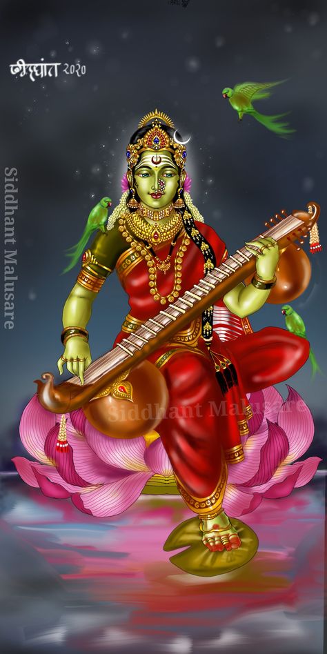 || ऊच्चिष्ट चण्डालिनी || My Digital Art effort to the feet of Shri ucchitsa Chandalini Veena Shyamala Every shyamala is holding Veena , then why specially Veena Shyamala ?, Because , Veena is the important aspect of Shyamala devi , the two main iconographies of Shyamala Vidya , when mantrini (Shyamala) emerged from lalitha and entered her gheya chakra ratham, she first created two forms of herself called yantrini and tantrini, where yantrini holds Veena and tantrini holds parrot . Durga Maa Paintings, Aadi Shakti, Saraswati Goddess, Hindu Rituals, Indian God, Shakti Goddess, Durga Images, Goddess Durga, Kali Goddess