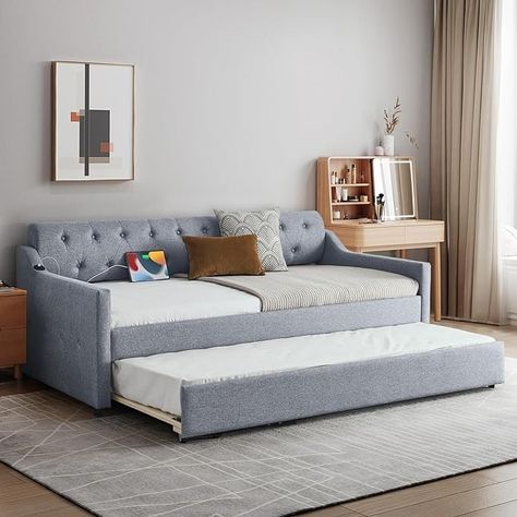 Amazon.com: Antetek Daybed with Pop Up Trundle, Modern Button Tufted Linen Upholstered Sofa Bed Frame, Twin to King Size Day Bed w/USB & Type C Port for Bedroom, Living Room, No Box Spring Needed, Grey : Home & Kitchen Twin To King Daybed, Linen Daybed, Daybed With Pop Up Trundle, Bed Frame Twin, Pop Up Trundle, Upholstered Sofa Bed, Sofa Bed Frame, Solid Bed, Upholstered Bedroom