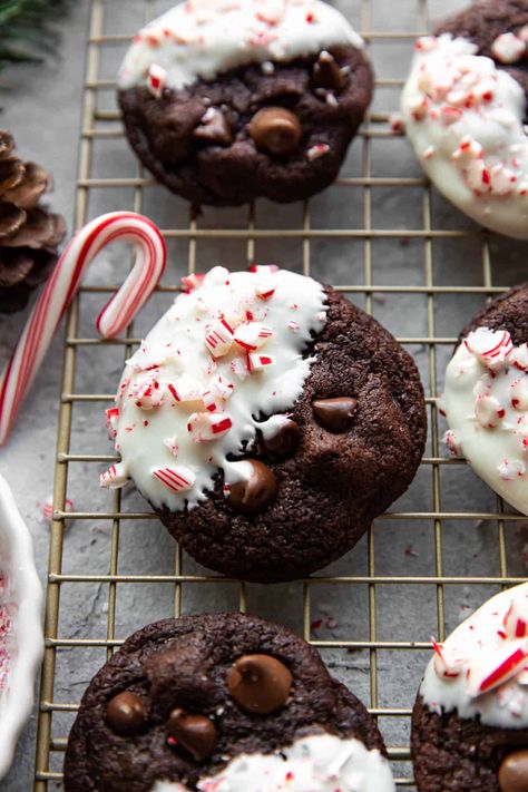 These chocolate candy cane cookies are full of chocolate and peppermint flavor! Each chocolate cookie is dipped in white chocolate and sprinkled with crushed peppermint candy canes. Chocolate Candy Cane Cookies, Peppermint Mocha Cookies, Crushed Peppermint, Gluten Free Christmas Cookies, Mocha Cookies, Chocolate Peppermint Cookies, Peppermint Candies, Candy Cane Cookies, Gluten Free Christmas