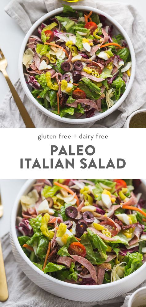 This paleo Italian salad is one of my very favorite paleo salads: loaded with radicchio, roasted garlic, olives, bright and spicy peperoncinis, salami, sun-dried tomatoes, and more. Such a great paleo dinner, paleo salad, or paleo side dish! Seriously, this paleo Italian salad will become a staple in your meal plan. #paleo #salad Garlic Olives, Paleo Salad, Paleo Menu, Dinner Paleo, Paleo Salad Recipes, Paleo Diet Meal Plan, Italian Salad Recipes, Paleo Side Dishes, Paleo Sides