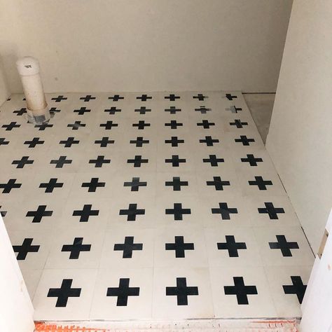 Melanie Turner Home on Instagram: “So happy with this swiss cross pattern for our mountain home bathroom. Come take a look at the beautiful tile samples we have at the…” Swiss Cross Bathroom, Swiss Cross Tile, Mountain Home Bathroom, Swiss Cabin, Melanie Turner, Lake Kitchen, Patterned Bathroom Tiles, Cross Decor, Swiss Cross