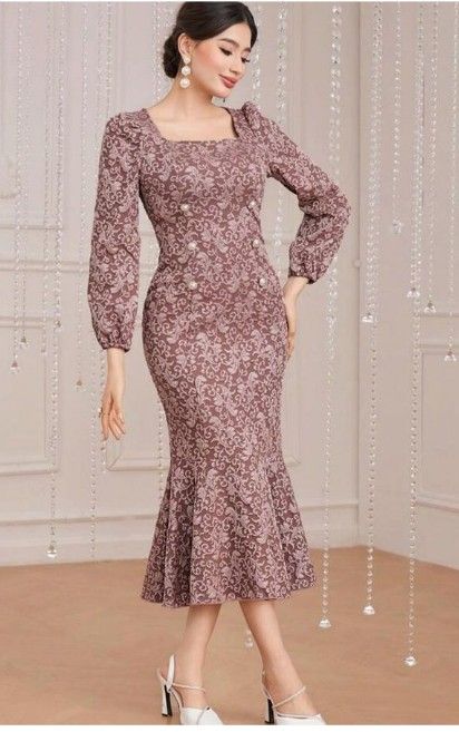 Simple Chiffon Dress, Churidar Pattern, Kebaya Style, Dress Brokat Modern, Model Lengan, Lace Dress Classy, Formal Dress Patterns, Kebaya Modern Dress, Pretty Dresses Casual