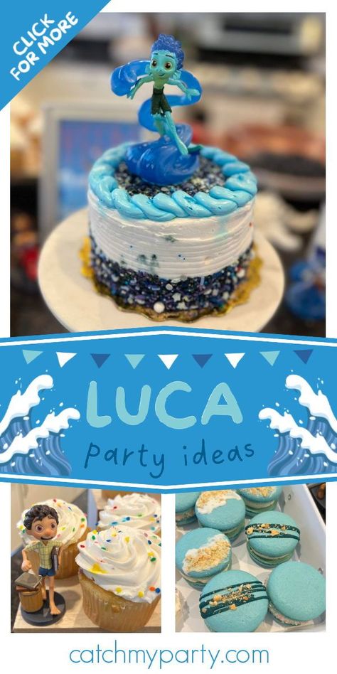 Don't miss this awesome Luca-themed birthday party! Love the birthday cake! See more party ideas and share yours at CatchMyParty.com Luca Theme Birthday Party, Luca Birthday Cake, Luca Birthday Party Ideas, Luca Party, Luca Birthday, Disney Luca, Sea Party Ideas, Pool Party Themes, Beach Baby Showers