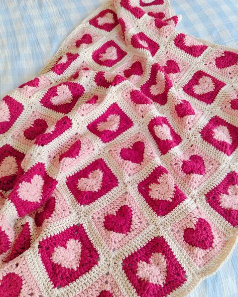 Long awaited update on the heart blanket- it's all finished and has been thoroughly used and loved each day since completion 🥰 for my first ever crochet project I'm stoked with it! . . . #crochetinspiration #crochetblanket #crochetlove #heartgrannysquare #heartblanket #heartcrochet #handmade #crochetdesign #textileart #crochetart #australianartist #femaleartist #artproject Valentine’s Crochet, Heart Granny Square Blanket, Crochet Heart Granny Square Pattern, Heart Blanket Crochet, Heart Crochet Blanket, Heart Blanket Crochet Pattern, Heart Granny Square, Solid Granny Square, Granny Square Pattern Free