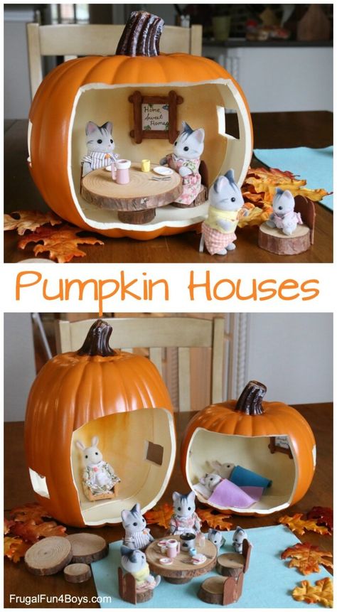 How to Make an Absolutely Adorable Pumpkin Doll House (with Accessories!) - Frugal Fun For Boys and Girls Forest Doll House, Peg Doll Accessories, Diy Calico Critters Furniture, Autumn Peg Dolls, Calico Critters Crafts, Calico Critter Crafts, Doll Houses Ideas, Diy Calico Critters House, Sylvanian Families House Diy