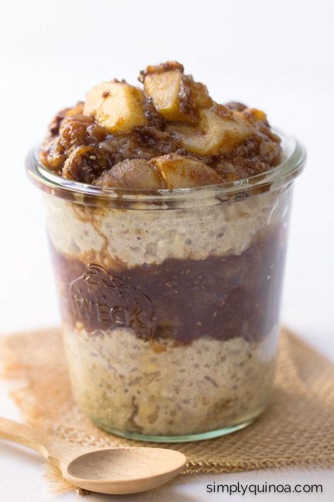 Apple Pie Overnight Oats + Quinoa Recipe Dairy Free Overnight Oats, Apple Pie Overnight Oats, Popular Breakfast Recipes, Homemade Cashew Milk, Cholesterol Recipes, Super Healthy Kids, Oats Recipe, Apple Pies, Low Cholesterol