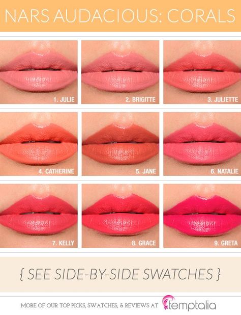 My names on theirbut I love all the colors Nars Audacious Lipstick, Nars Lip, Nars Lipstick, Coral Lipstick, Coral Lips, Smink Inspiration, Lip Swatches, Kissable Lips, Lipstick Swatches