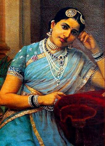 Rani of Kurupam Resplendent in her Basra pearls, diamonds and sapphires, the Queen wears a semi transparent silk shawl and fitted blouse with woven gold borders, pearls and silver zardozi embroidery. Basra Pearls, Ravivarma Paintings, Ravi Varma, Raja Ravi Varma, Royal Indian, South Asian Art, Zardozi Embroidery, Fitted Blouse, Indian Goddess