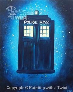 Time and Space | 3/26/2016 - Clermont, FL Tardis Drawing, Tardis Painting, Painting With A Twist, Paint Studio, Painting Parties, Wine And Canvas, Wine Painting, Bring A Friend, Doctor Who Art