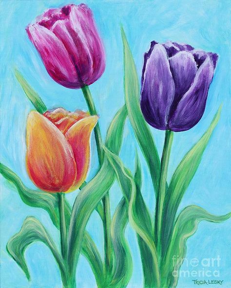 Acrylic Beginner, Watercolor Paintings Of Animals, Tulip Painting, Tulips Art, Flower Painting Canvas, Oil Pastel Drawings, Spring Painting, Canvas Painting Diy, Simple Acrylic Paintings