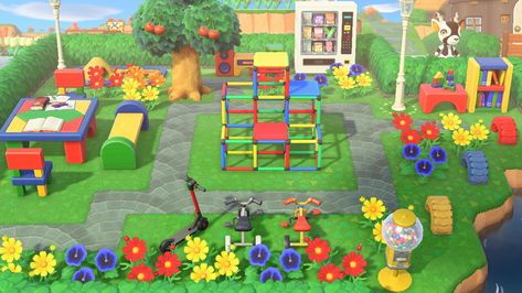 Acnh Kidcore Playground, Playground Ideas Animal Crossing, Large Space Fillers Animal Crossing, Park Ideas Acnh, Acnh Playground Codes, Park Ideas Animal Crossing, Animal Crossing Gym Ideas, Colorful Acnh Island, Kidcore Animal Crossing Ideas