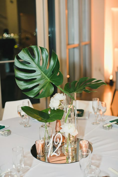 Filipino Wedding Centerpiece, Monstera Centerpiece Wedding, Tropical Centerpieces Wedding, 20 Year Vow Renewal Ideas, Tropical Disco Party, Minimalist Tropical Wedding, Tropical Modern Wedding, 20 Year Vow Renewal, Tropical Wedding Centerpieces