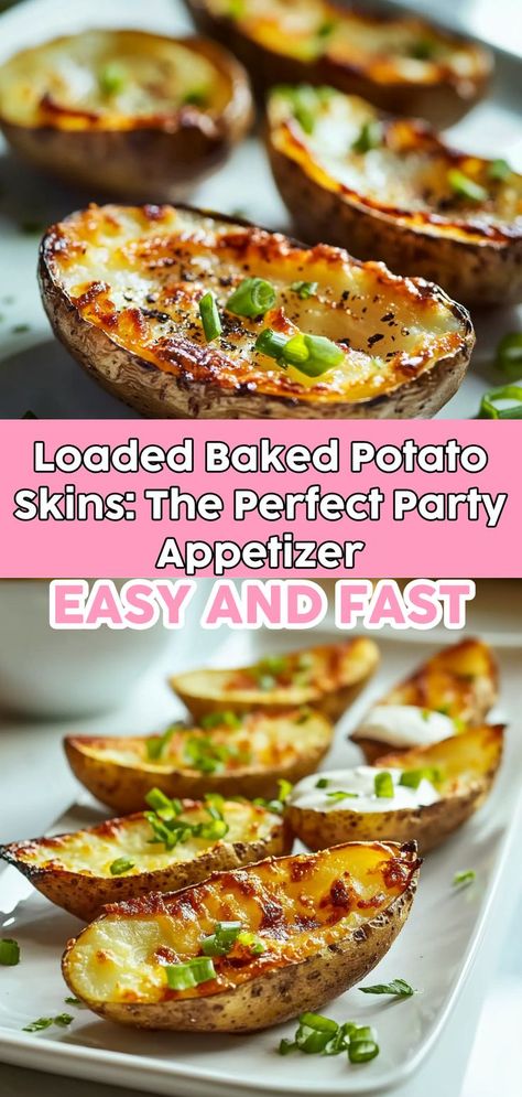 Elevate your next gathering with loaded baked potato skins, the perfect party appetizer everyone will love! Crunchy and cheesy, these delicious bites are made from russet potatoes and filled with all your favorite toppings. From crispy bacon to rich cheddar cheese, each skin is a flavor explosion. Serve them warm with sour cream and chives for a gourmet touch. Easy to prepare and always a hit, this baked potato skins recipe is sure to become a staple for all your celebrations! Ranch Potato Skins, Baked Potatoes Skins In The Oven, Twice Baked Potatoe Skins, Loaded Potato Skins Appetizers, Potato Skin Bites Appetizers, Oven Baked Potato Skins, Gluten Free Potato Skins, Red Potato Skins, Potatoe Skins Recipe Air Fryer