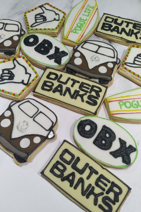 Outer Banks Cookies Decorated, Outerbanks Themed Birthday Party, Outer Banks Cookies, Outerbanks Party Ideas, Obx Outer Banks Birthday Party, Bank Cake Ideas, Outer Banks Themed Birthday Party, Outer Banks Birthday Party Ideas, Outer Banks Cake