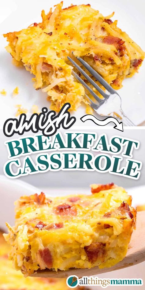 collage graphic of a serving of Amish breakfast casserole. Amish Breakfast, Amish Breakfast Casserole, Breakfast Casserole With Bread, Leftover Breakfast, Buns In My Oven, Easy Breakfast Casserole Recipes, Rich Breakfast, Instant Breakfast, Bacon Eggs