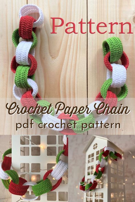 Crochet Christmas Chain Garland, Crochet Chain Garland, Crochet Paper Chain Free Pattern, Easy Crochet Xmas Decorations, Easy Crochet Christmas Garland, Crochet Patterns Garland, Crochet Paper Chain, Crochet Fairy Lights Free Pattern, Easy Crochet Projects Christmas