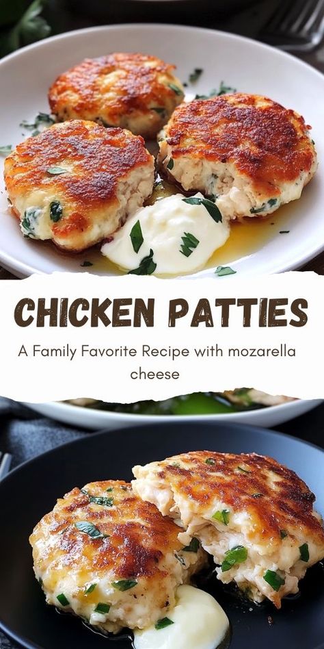 Irresistible Chicken Patties with Mozzarella Ingredients 30 grams (1/4 cup) green onions, finely chopped 500 grams (1 lb) chicken breast, finely diced or ground 2 tablespoons sour cream 2 large eggs 2 tablespoons fresh parsley, chopped 80 grams (3/4 cup) mozzarella cheese, shredded 2 tablespoons all-purpose flour Salt and pepper to taste 1/2 teaspoon dry garlic powder 1/2 teaspoon paprika Oil for frying #ChickenPatties #MozarellaCheese Mozzarella Chicken, Sandwich Fillings, Chicken Patties, 15 Minute Meals, Chicken Bowl, Diced Chicken, Greek Chicken, Delicious Chicken, Family Favorite Meals