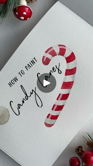 How To Draw Candy Canes, How To Paint A Candy Cane, Painted Candy Canes, Candy Cane Making Videos, Candy Cane Watercolor, Watercolor Santa Tutorial, Emily Mei, Candy Cane Cards, Watercolor Christmas Tree