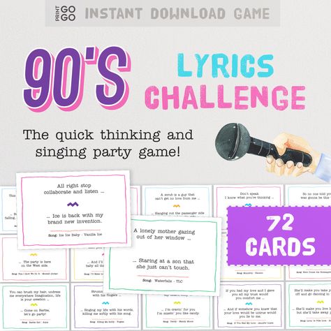 ** Save and buy the bundle : https://www.etsy.com/uk/listing/1360690610/songs-lyrics-challenge-game-the-quick ** Gather into teams and get ready for some fun - 90s Lyrics Challenge is waiting!  90s Lyrics Challenge is a fun party game that the whole family can play and enjoy. The game is easy to learn, and can be played in minutes. Its also great for parties! The object is to correctly finish the lyrics of popular nineties songs. A great way to bring everyone together with some good old fashione Finish The Lyrics Game, 90s Party Games, 90s Song Lyrics, 90s Lyrics, Christmas Song Games, 90s Games, 90 Songs, Finish The Lyrics, 90s Songs