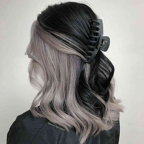 33 Cute Hairstyles for Medium Length Hair Right Now Under White Hair, Black And White Layered Hair, White Hair Underneath Black, White Under Black Hair, Black Hair With White Peekaboo, White Hair Black Highlights, Half Grey Half Black Hair, Highlight White Hair, Black White Hair Aesthetic