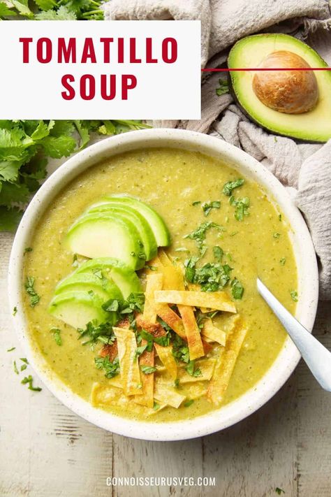 This tomatillo soup is full of zesty flavor and so easy to make! A delicious and comforting soup that's perfect on it's own, or piled with delicious toppings. Tomatillo Soup, Tomatillo Recipes, Healthy Vegan Dinner Recipes, Plant Based Soups, Healthy Vegan Dinner, Vegan Dinner Recipes Easy, Paleo Soup, Comforting Soup, Vegan Lunch Recipes