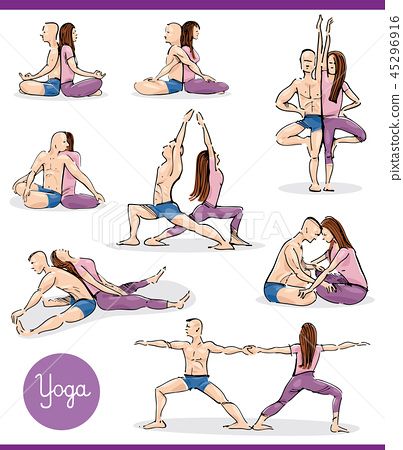 yoga in couple illustration set - Stock Illustration(No.45296916). Find images exactly you are looking for from more than 68,100,000 of royalty-free stock photos, illustrations, and vectors. Download and enjoy fresh & incredible images added every day. Yoga Transformation, Hata Yoga, Couples Yoga Poses, Partner Yoga Poses, Yoga Vinyasa, Couples Yoga, Yoga Techniques, Partner Yoga, Yoga Positions