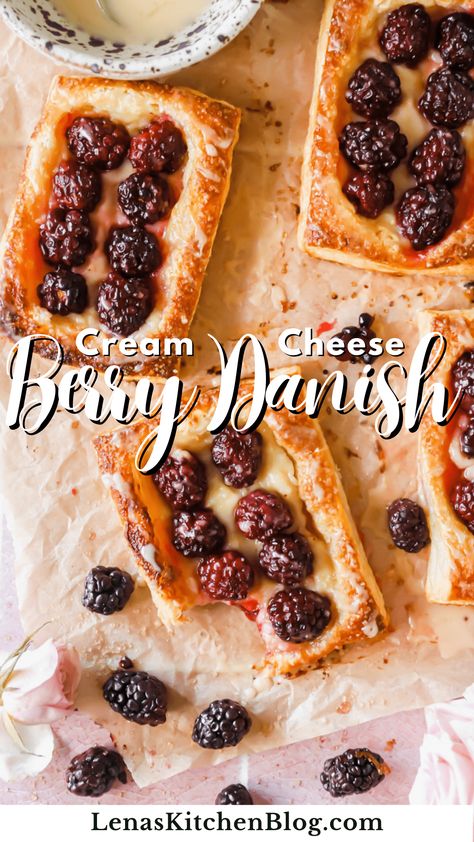 This Cream Cheese Berry Danish recipe is incredibly simple to prepare! Store-bought puff pastry is filled with a rich blackberry cheesecake-like filling, then baked until golden brown. Berry Danish, Cream Cheese Puff Pastry, Puff Pastry Cream Puffs, Blackberry Cheesecake, Danish Recipe, Easy Crepe Recipe, Puff Pastry Appetizers, Puff Pastry Desserts, Cream Cheese Danish