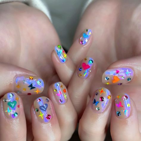 Kidcore Nail Art, Painting Nails Aesthetic, Painted Nail Designs, Decora Makeup, Decora Nails, Kidcore Nails, Kuku Harajuku Cartoon, Decora Kei Makeup, Sprinkle Nails